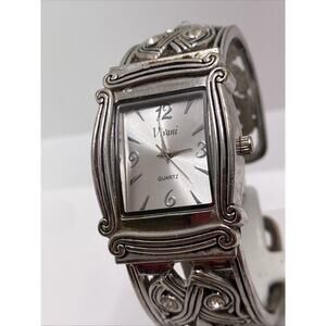 Vivani Womens Silver Tone Gem Quartz Cuff Bangle Watch Works New Battery